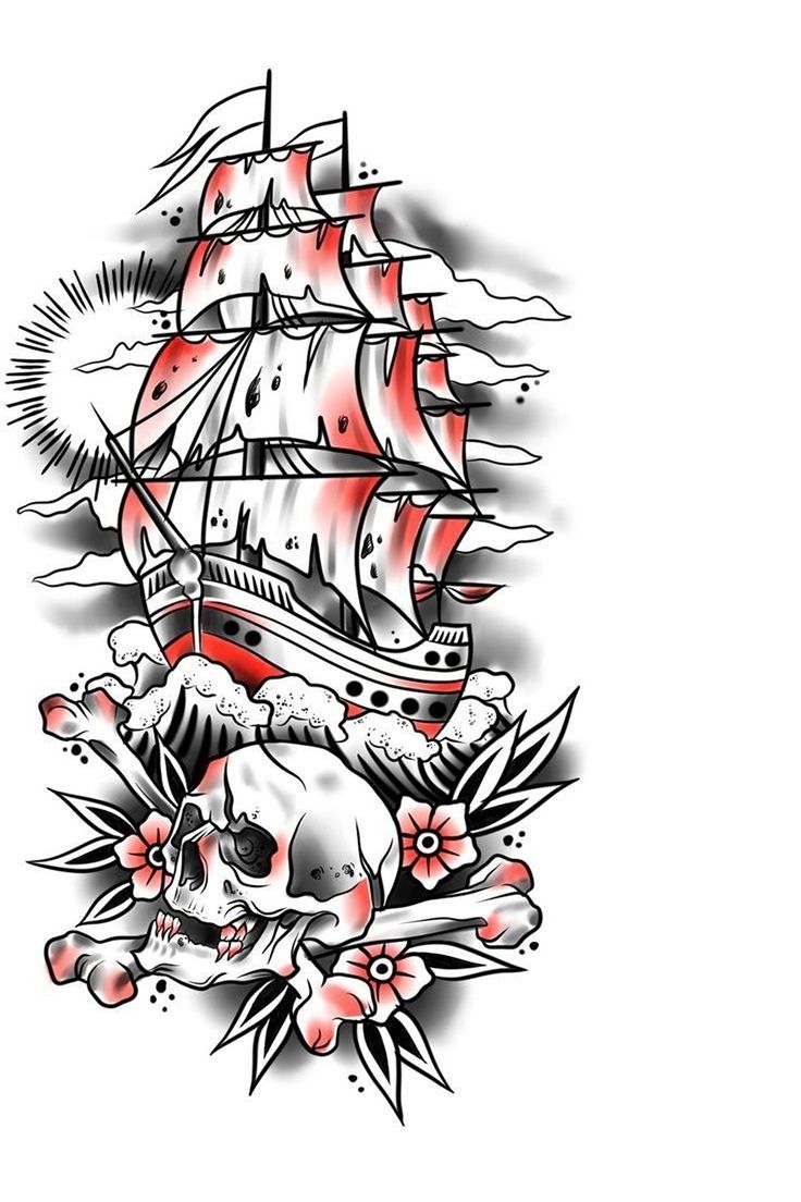 a pirate ship with skull and flowers on it's side, in black and white