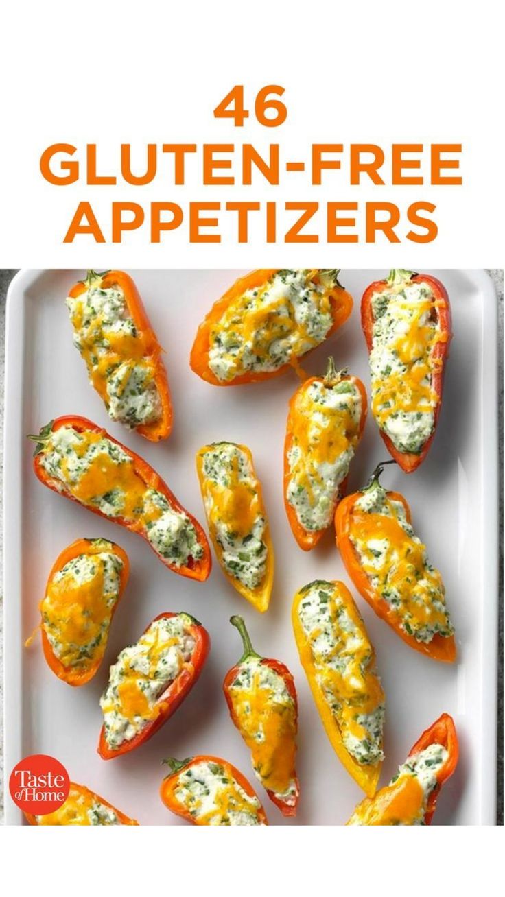 an image of stuffed peppers on a white plate with the title, 46 gluten - free appetizers