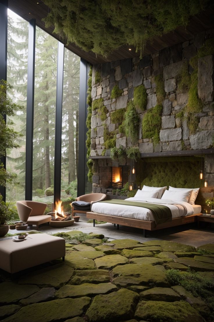 a bedroom with moss growing on the walls and stone flooring is lit by candles