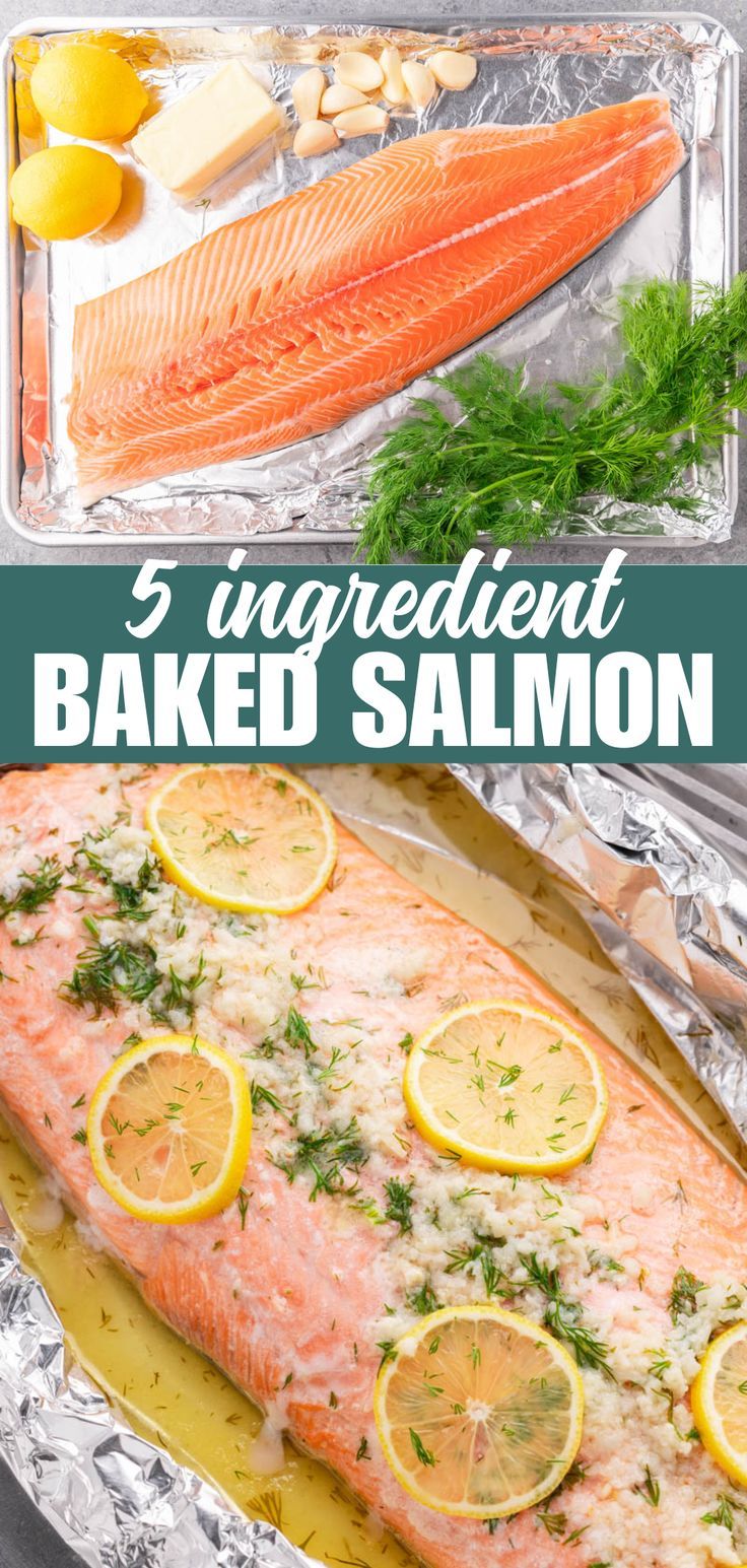 baked salmon in foil with lemons and parsley on the side, next to an image of cooked salmon