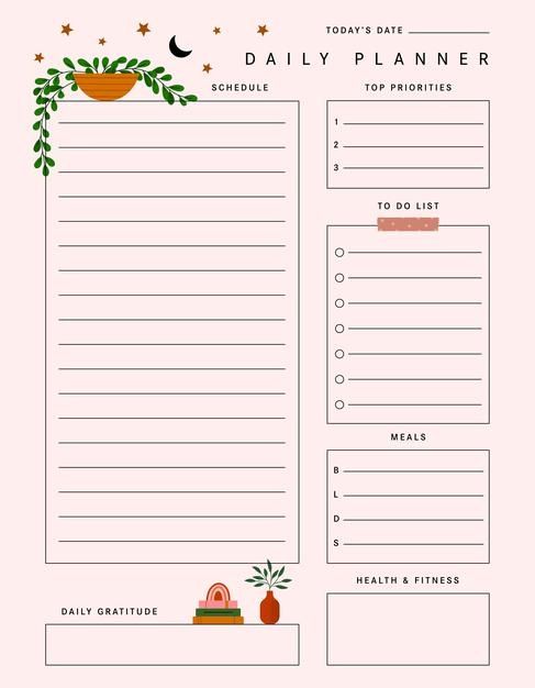 a daily planner with plants and potted plants on the side, in pink background