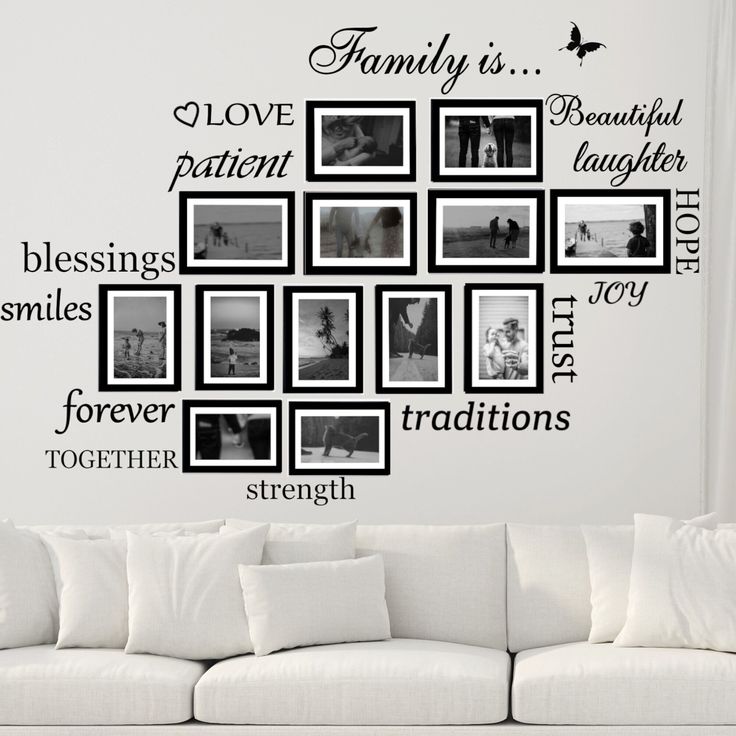 a white couch sitting in front of a wall with pictures on it and the words family is