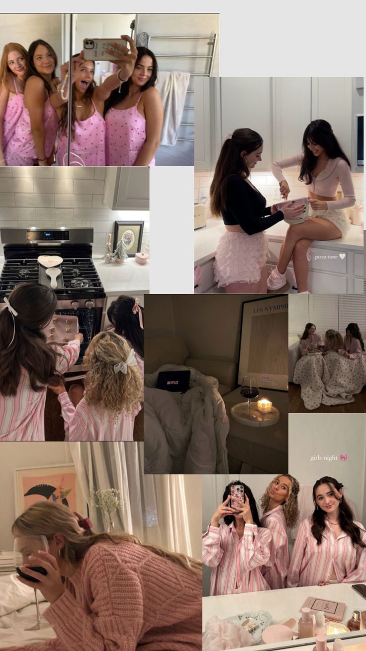 the collage shows women in pink robes and dressing gowns posing for pictures together