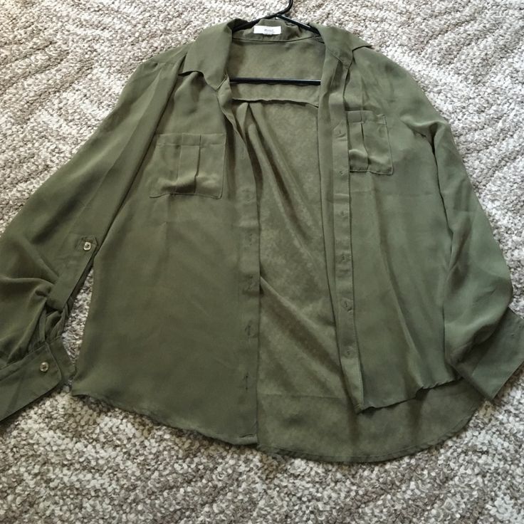 Olive Green Button Up Shirt! Very Light Material! Never Worn! No Trades! Olive Collared Shirt With Button Closure, Olive Collared Shirt For Fall, Collared Olive Shirt With Button Closure, Rolled Sleeves Blouse For Day Out In Fall, Trendy Green Tops With Button Cuffs, Fall Shirt With Rolled Sleeves For Day Out, Button-up Shirt For Day Out, Green Tops With Button Closure And Shirttail Hem, Casual Olive Long Sleeve Shirt