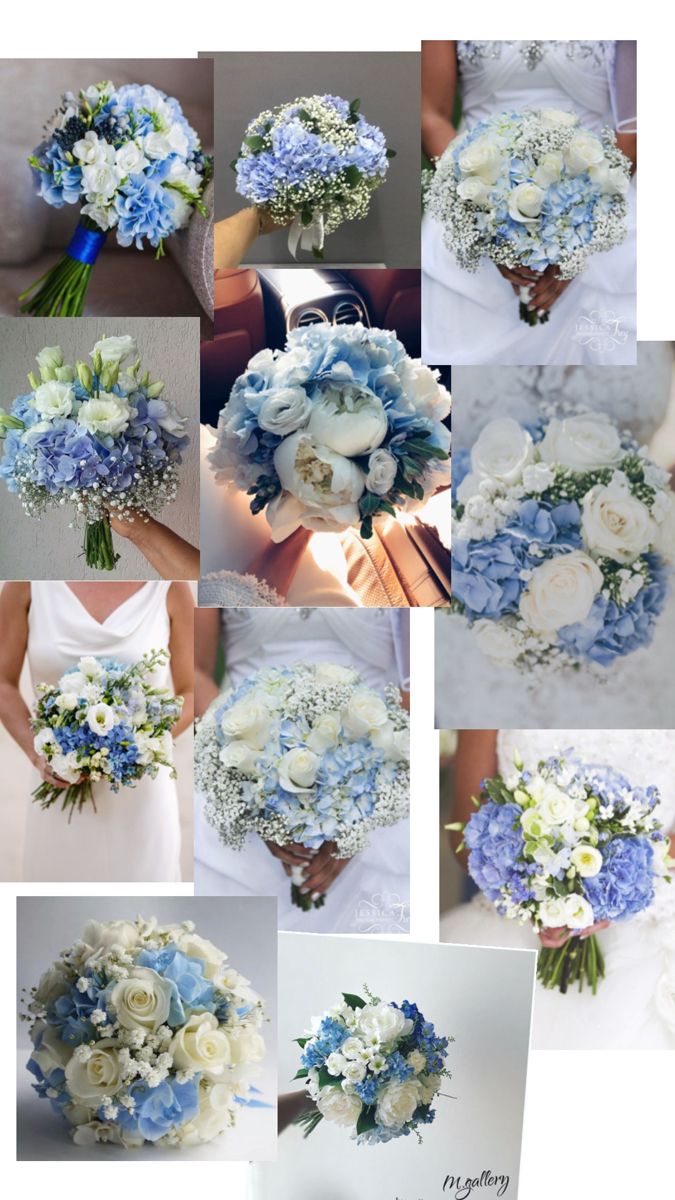 blue and white bridal bouquets are arranged in many different positions, including the bride's bouquet