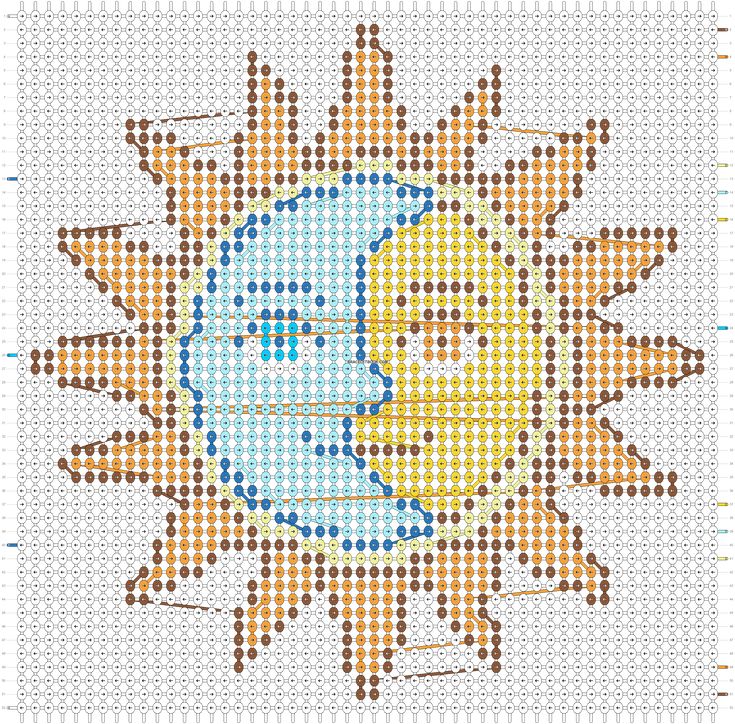 a cross stitch pattern with the sun and moon on it's face, as well as dots