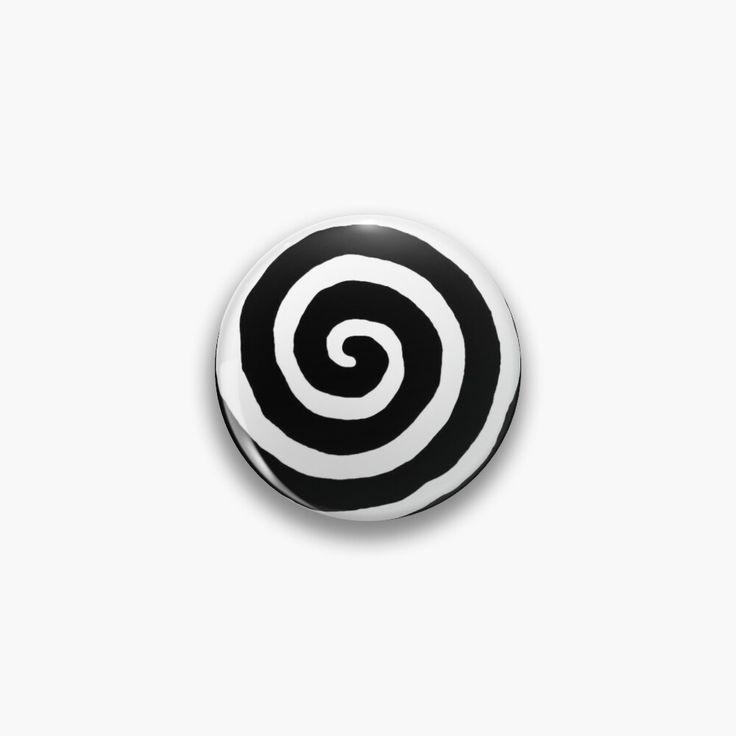 a black and white pin with a spiral design on the center, against a white background