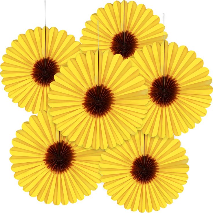 six yellow paper fans with brown centers on each one and two price tags for 12 pieces