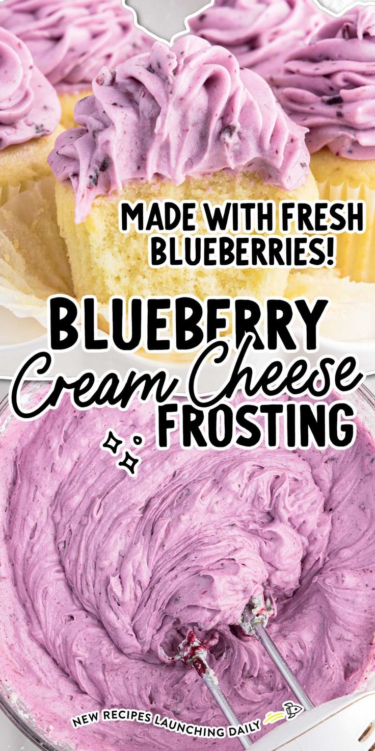 blueberry cream cheese frosting in a bowl with the words made with fresh blueberries