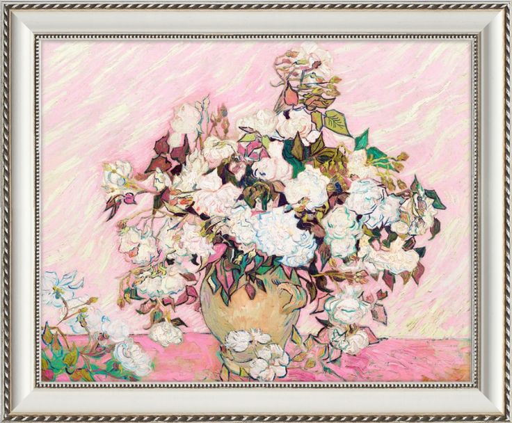 a painting of flowers in a vase on a pink tablecloth with silver trim around the edges