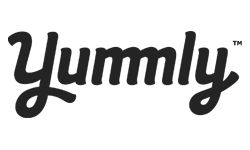 the yummy logo is shown in black and white, with an orange stripe at the bottom