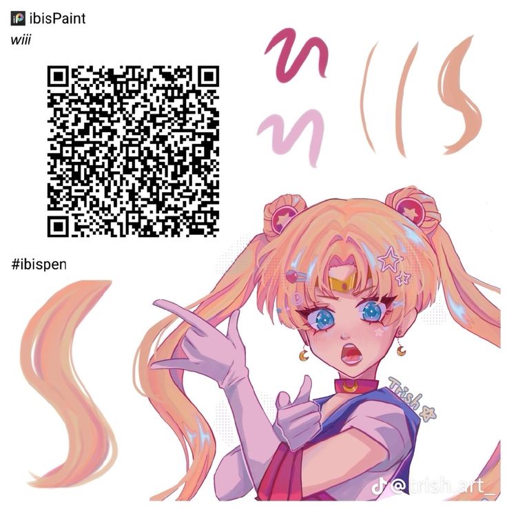 an anime character with long blonde hair and blue eyes is pointing at the qr code