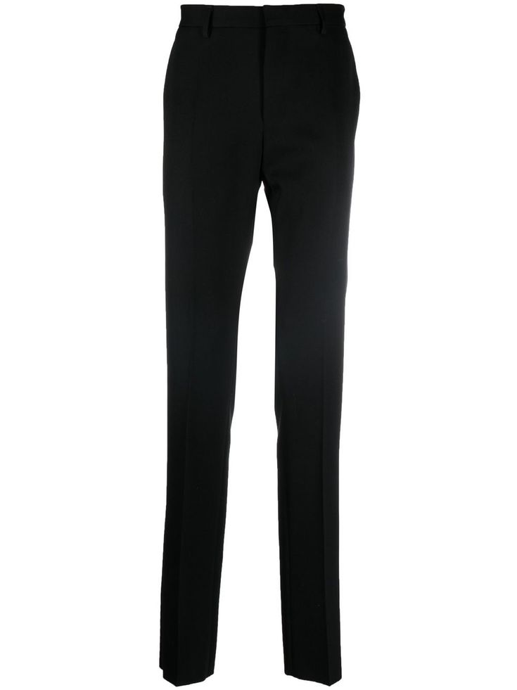 black wool/cotton front zip fastening belt loops straight leg pressed crease two rear welt pockets Classic Office Pants With Concealed Front Fastening, Classic High-waisted Pants With Concealed Fastening, Classic Pants With Concealed Front Fastening For Workwear, Straight Leg Pants With Concealed Fastening For Work, Business Casual Tapered Leg Pants With Concealed Fastening, Office Straight Pants With Concealed Front Fastening, Business Casual Pants With Concealed Front And Tapered Leg, Business Pants With Concealed Front Fastening, Formal Pants With Concealed Fastening And Straight Hem