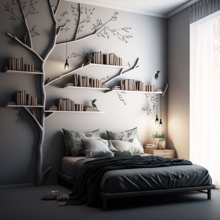 a bedroom with bookshelves on the wall and a bed