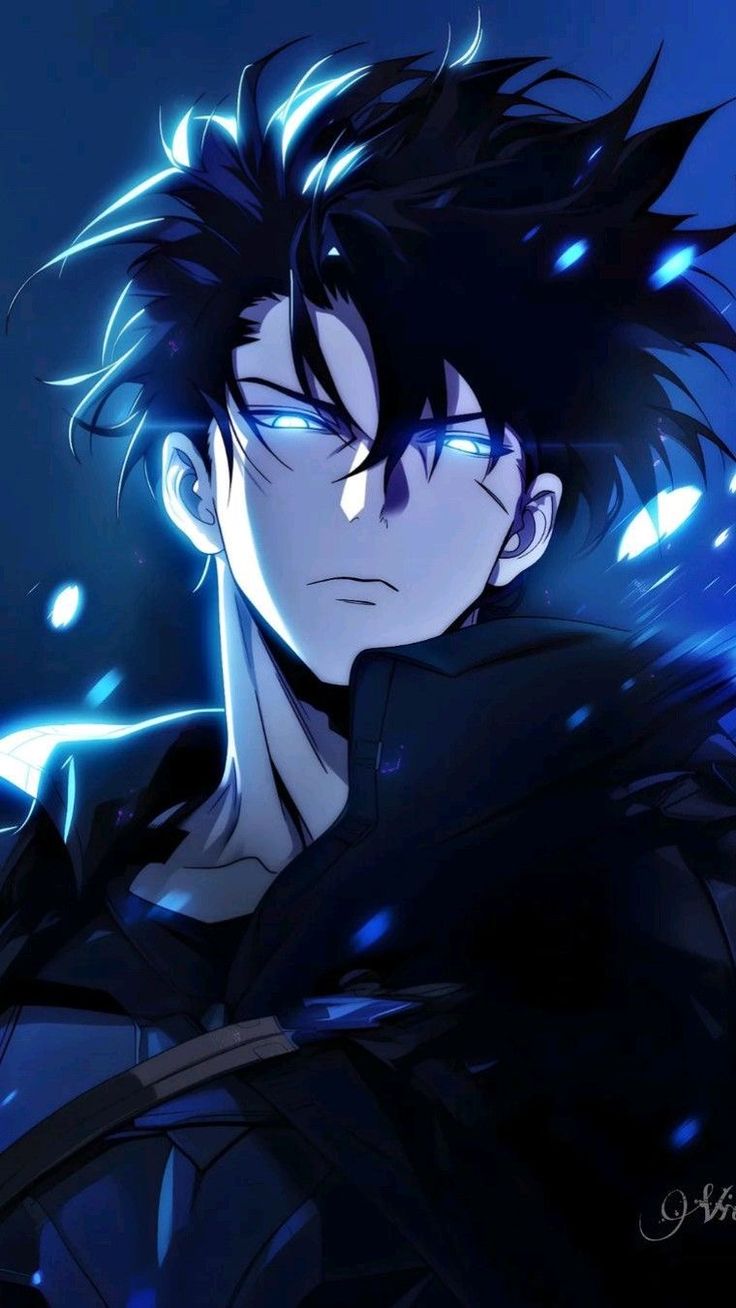 an anime character with black hair and blue eyes