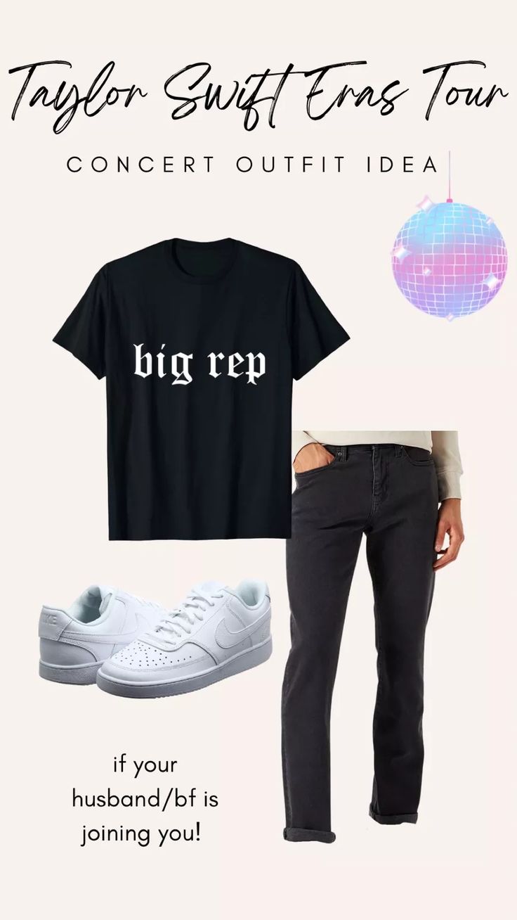 a woman wearing black jeans and white sneakers with the words, taylor swift ends tour concert outfit