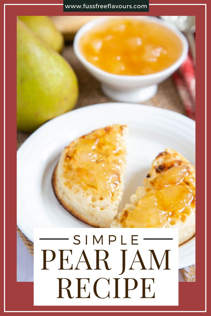 a white plate topped with two pieces of bread next to a bowl of pear jam