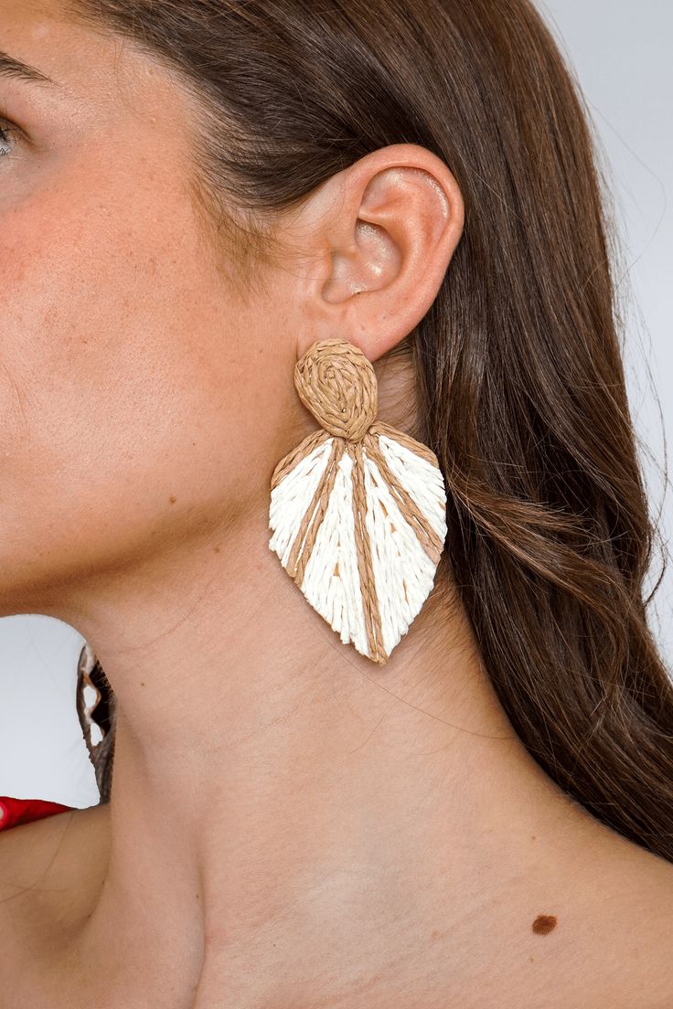 DCD EARRINGS Khaki Raffia Braided Leaf Earrings Earring Sale, Box Pleats, Leaf Earrings, Clutch Handbag, Ring Bracelet, Earring Necklace, Accessories Earrings, Necklaces Bracelets, Gowns Dresses