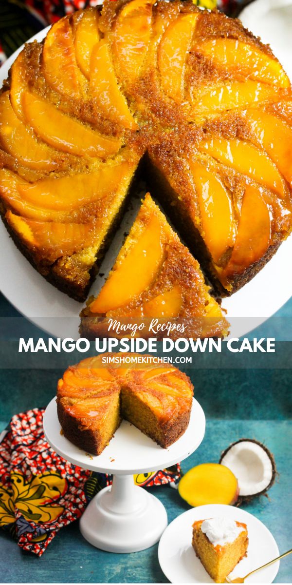 mango upside down cake on a white plate with two slices cut out and one slice missing