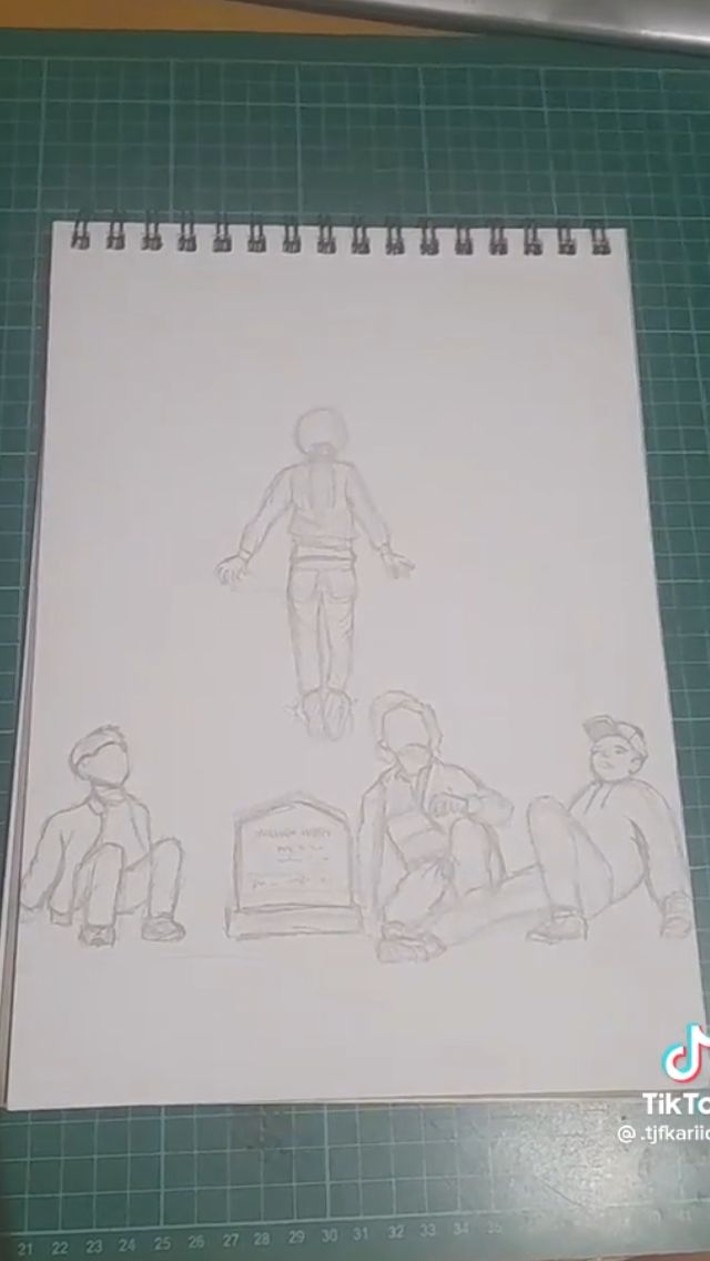 a drawing of three people sitting next to each other on a piece of white paper