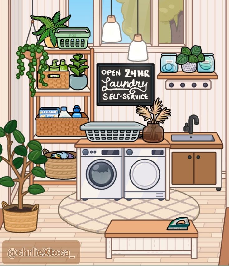 an illustration of a laundry room with plants and other things on the shelves above the washer