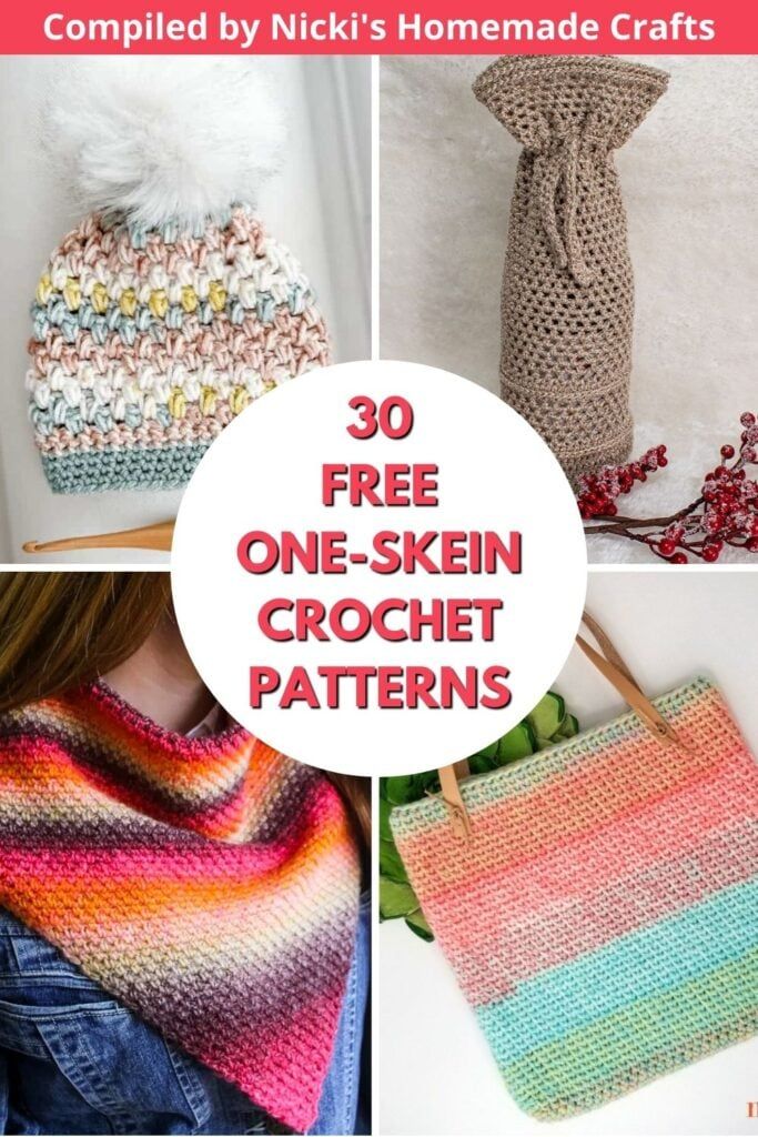 four crochet patterns with text that reads 30 free one - skein crochet patterns