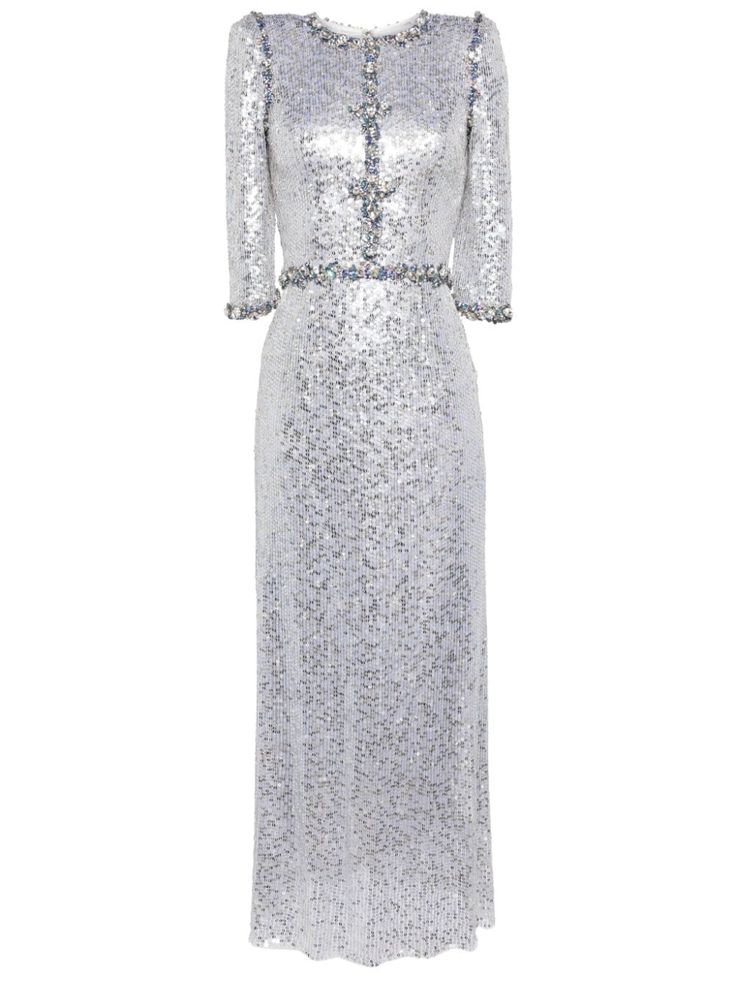 silver-tone sequin embellishment crystal embellishment crew neck half-length sleeves rear zip fastening straight hem ankle-length Sequin Embellishment, Dress Silver, Sequin Maxi Dress, Sequin Maxi, City Dress, Jenny Packham, Silver Dress, Crystal Embellishment, Evening Wear