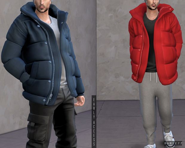 Sims 4 Male Puffer Jacket, Double Breasted Long Coat, Sims 4 Men Clothing, Sims 4 Male Clothes, Sims 4 Piercings, Alpha Cc, Die Sims 4, Oversized Puffer Jacket, Cc Clothes