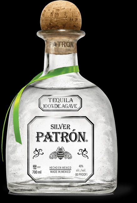 a bottle of silver patron liquor with a green ribbon around the neck and label on it