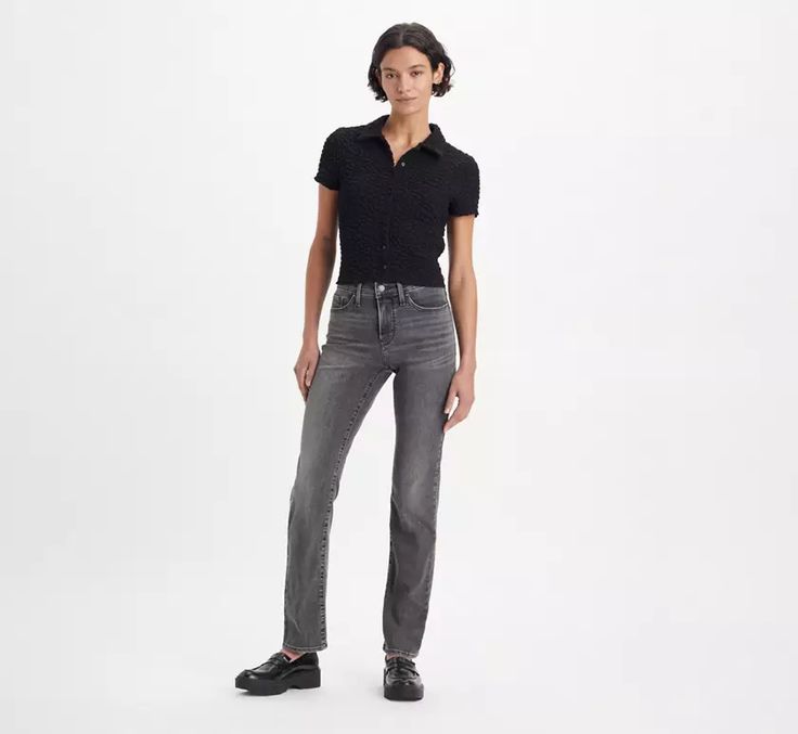 314 Shaping Straight Women's Jeans - Black | Levi's® US Fitted Levi's Jeans, Fitted Levi's Jeans With Five Pockets, Levi's Fitted Straight Leg Jeans, Fitted Levi's Jeans With Standard Cut Leg, Levi's Fitted Straight Bottoms, Levi's Mid-rise Jeans For Workwear, Levi's Classic Straight Fit Bottoms, Levi's Fitted Dark Wash Jeans, Levi's Straight Fit Cotton Jeans