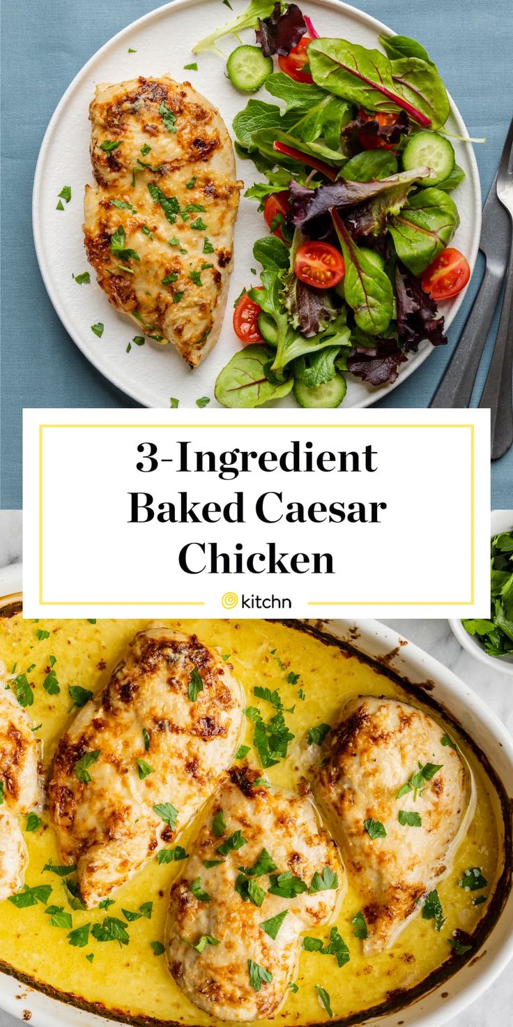 an image of baked chicken with vegetables on the side and text overlay that reads 5 ingredient baked casserole