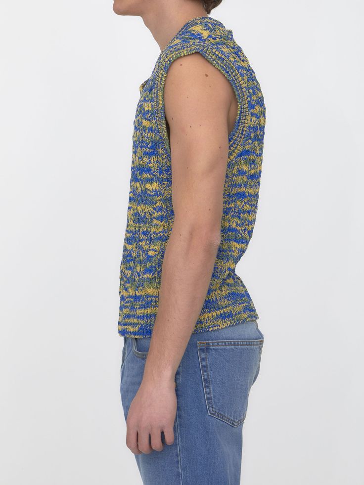 Cable-knit vest in the shades of blue and yellow. It features V-neckline and ribbed finishes. The model is 188cm tall and wears size L. Size nationality: US Product number: 2051522 Product code: ATB867MBLUE Composition: 45% cotton, 30% rayon, 25% polyester Casual Yellow Knit Sweater Vest, Multicolor Knit V-neck Sweater Vest, Multicolor V-neck Knit Sweater Vest, Casual Yellow V-neck Vest, Blue V-neck Sweater For Summer, Blue V-neck Summer Sweater, Fitted Blue Knitted Sweater Vest, Blue Knit Vest For Fall, Blue Knitted Sleeveless Top