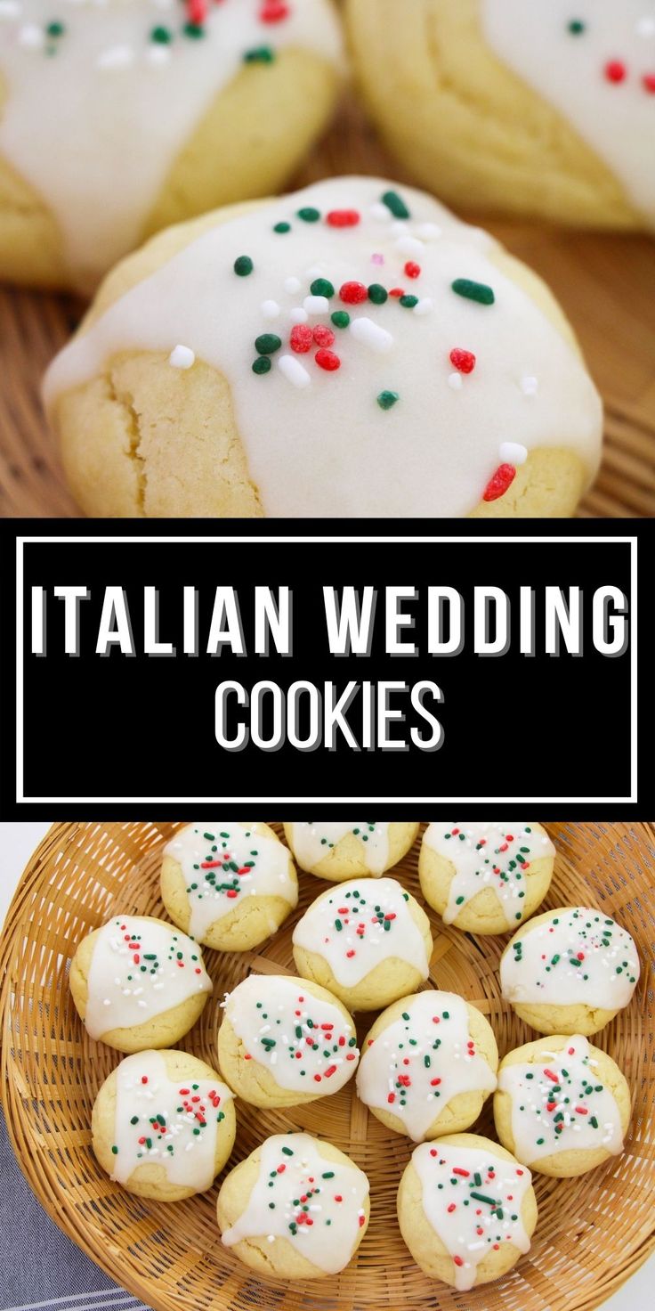 italian wedding cookies with white frosting and sprinkles