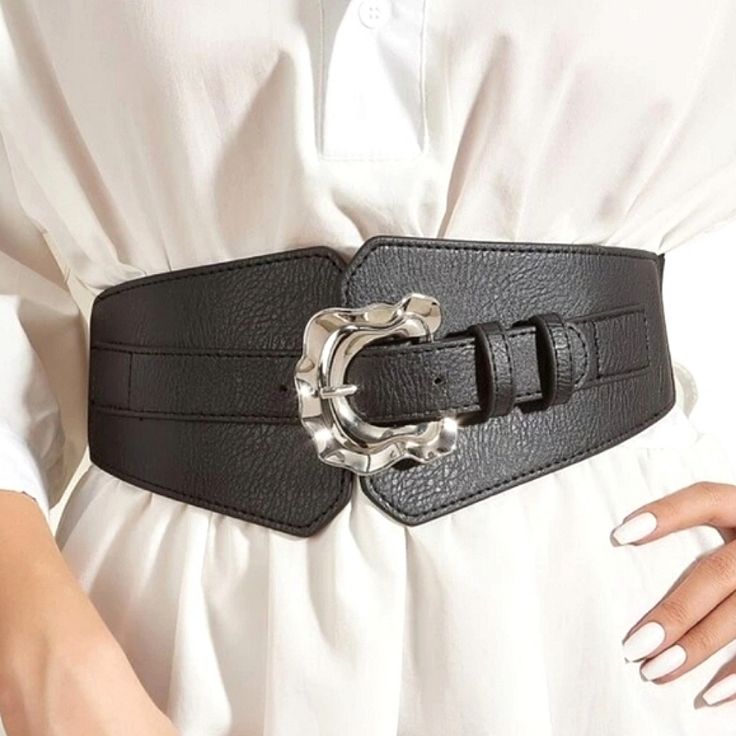 Brand New Beautiful Black Faux Leather Wide Width Belt With A Stretchy Elastic Waistband And Silver Tone Metal Buckle Closure. 4.25" At The Widest Point Stretch: A: 27"-47" B: 34"-64" Elegant Black Faux Leather Belt, Elegant Black Belt With Silver Buckle, Elegant Adjustable Belts With Silver Buckle, Elegant Adjustable Belt With Silver Buckle, Silver Fitted Belts For Party, Silver Fitted Belt For Party, Metal Buckles, Black Faux Leather, Black Silver