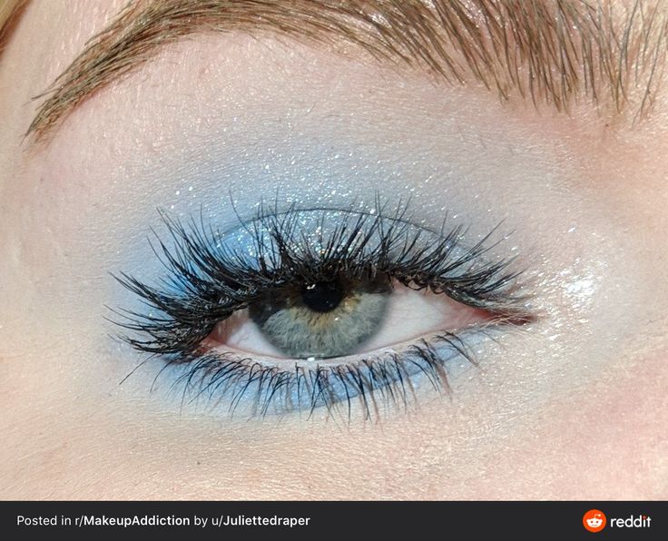 Blue Frosty Eyeshadow, 2000 Blue Eyeshadow, Icy 2000s Makeup, 2000s Blue Makeup, Light Blue Makeup Aesthetic, Frosty Blue Makeup, Light Blue Eye Makeup Looks, Blue Frosty Makeup, Light Blue Eye Makeup Prom