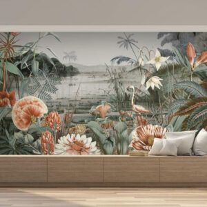 a wall mural with flowers and plants on it