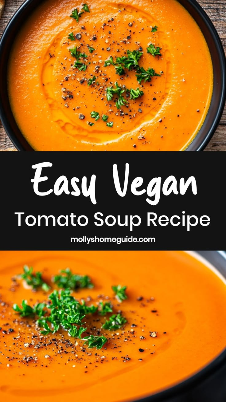 an easy vegan tomato soup recipe in a bowl