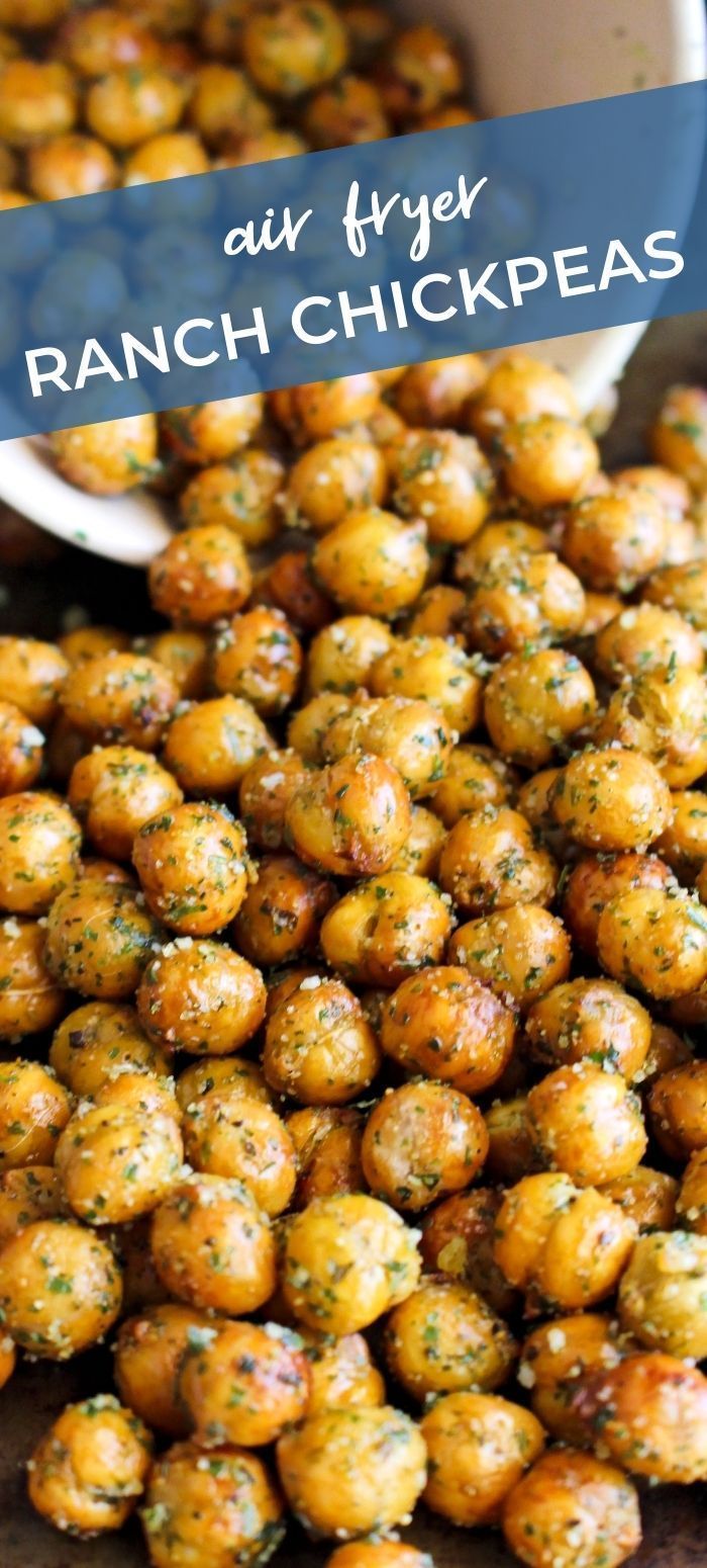 a pile of fried ranch chickpeas with the title overlay reads, air fry ranch