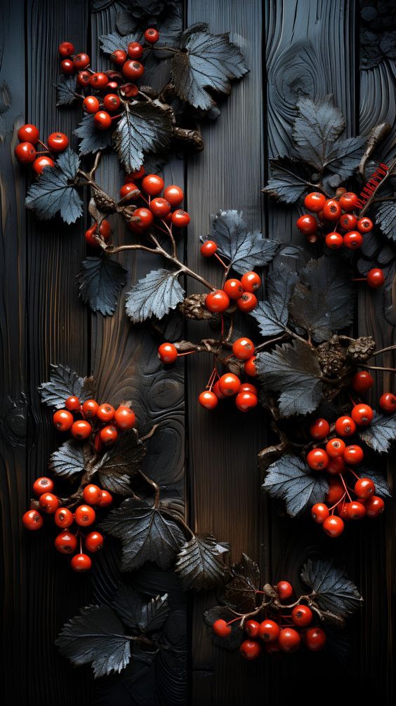 red berries and leaves are arranged on a wooden surface with dark wood planks in the background