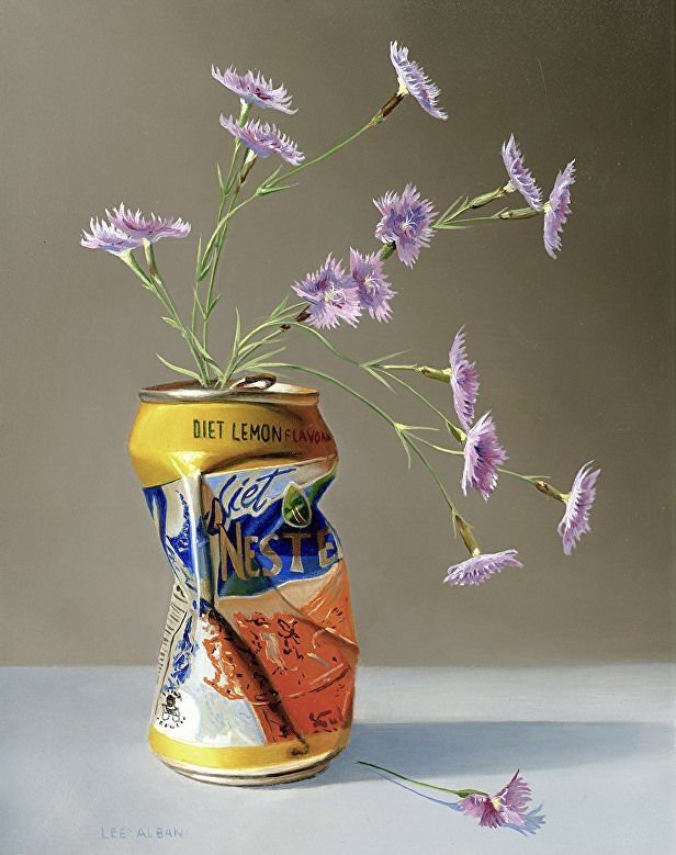 a painting of purple flowers in a can