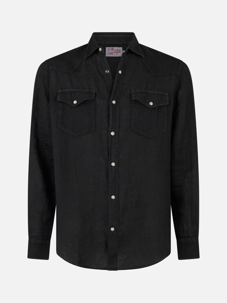 Man linen shirt texan styleVintage-look treatmentBlack solid colorFront applied pocketsComfortable sizeLong sleevesClassic necklineFront closureButton downButtoned cuffsComposition:100% Linen Classic Black Tops With Welt Pockets, Classic Black Shirt With Welt Pockets, Classic Relaxed Fit Rodeo Shirt, Classic Shirt With Pockets For Rodeo, Classic Relaxed Fit Shirt For Rodeo, Western Style Relaxed Fit Shirt With Button Closure, Black Linen Button Shirt, Black Tops With Welt Pockets And Spread Collar, Black Top With Welt Pockets And Spread Collar