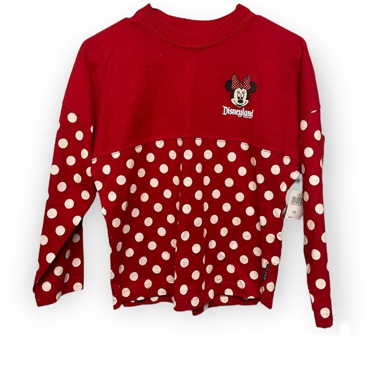 Brand New Disneyland Minnie Mouse Long Sleeve Top. Red With White Polka Dots All Over And Minnie Mouse Logo. "Minnie Mouse" In Black Lettering On The Back Shoulders. Size Large In Kids. White Mickey Mouse Top For Fall, Minnie Mouse Disneyland, Mouse Logo, Minnie Mouse Shirts, Minnie Shirt, Boys Long Sleeve Shirts, Mickey Mouse T Shirt, Mickey Mouse Shirts, Grey Long Sleeve Shirt