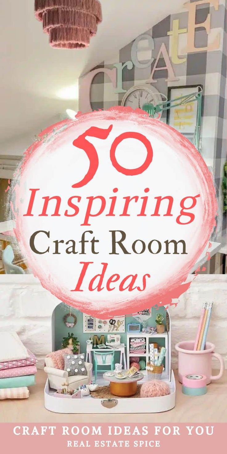 the words 50 inspireing craft room ideas on top of a table with pink and white decor