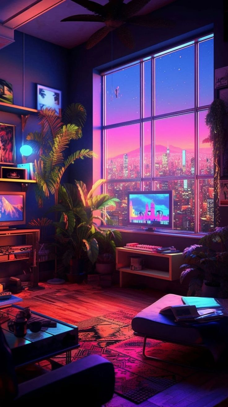 a living room filled with lots of furniture and large windows overlooking the city at night