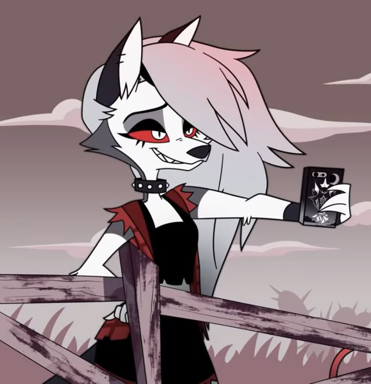 an anime character with red eyes and white hair holding a cell phone in her hand