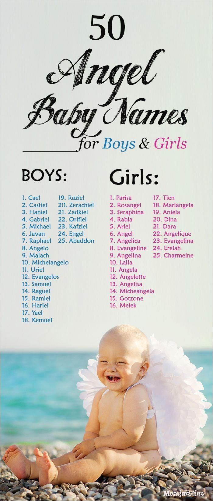 the baby names for boys and girls are shown in this poster, which features an angel on