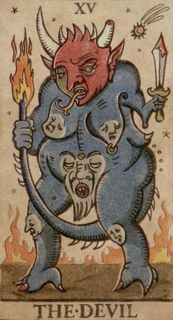 the devil tarot card is shown with two demons on one side and another demon on the other