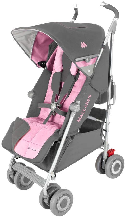 the stroller is pink and grey with wheels