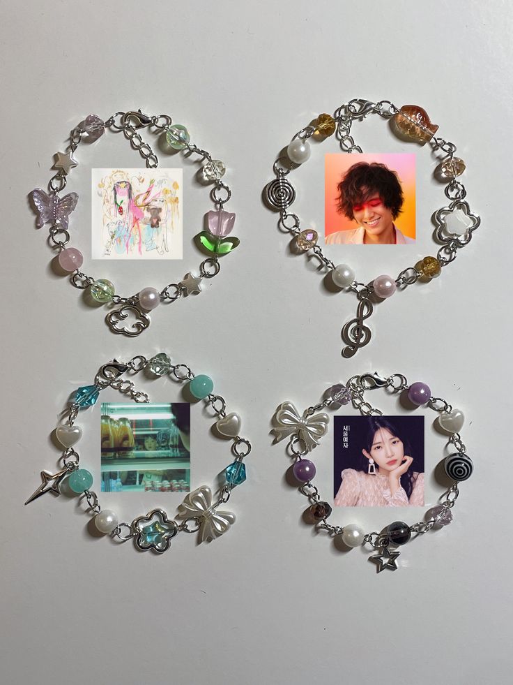 three pictures are attached to a chain with beads and charms on it, along with other items