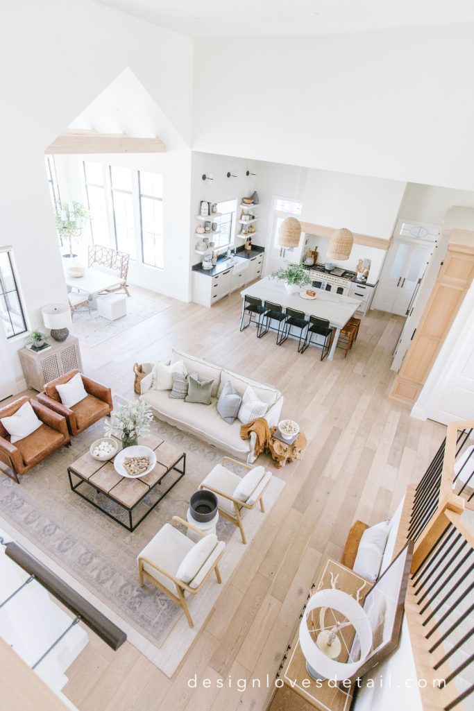 an aerial view of a living room and kitchen